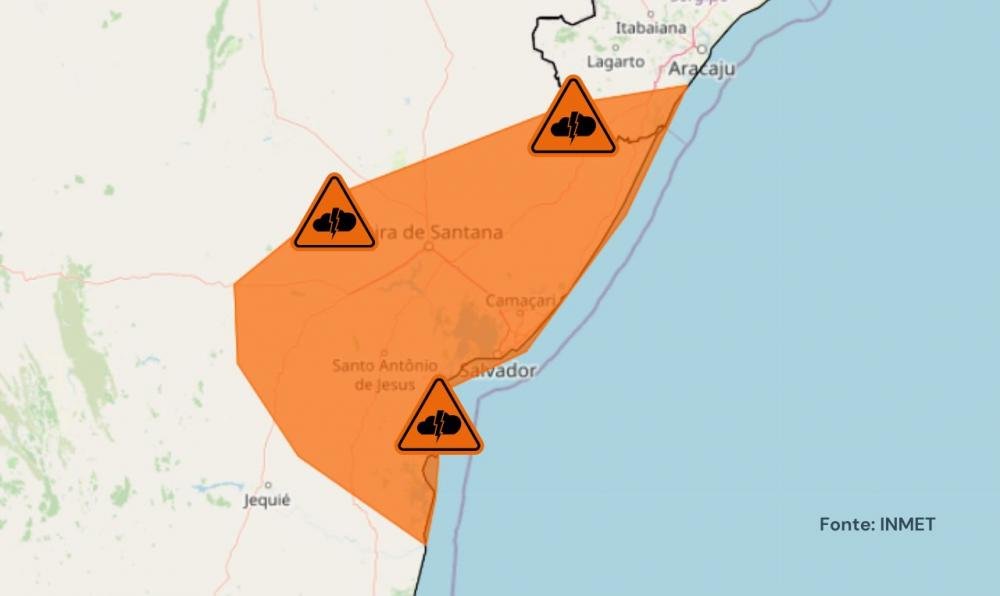 Alerta laranja para temporais, chuva intensa e ventania em partes da Bahia