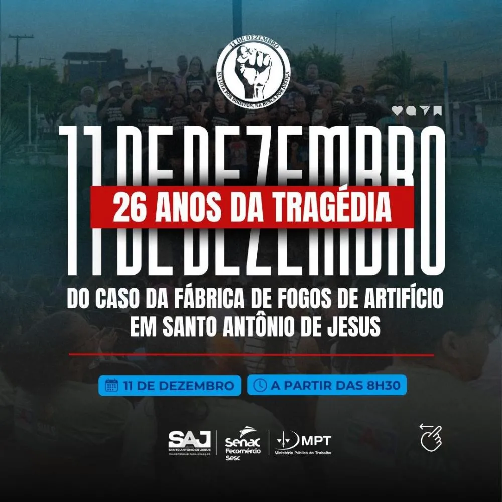 Prefeitura de SAJ, em parceria com o SENAC, o MPT e Instituto 11 de Dezembro, realizará evento em alusão aos 26 anos do 11 de dezembro